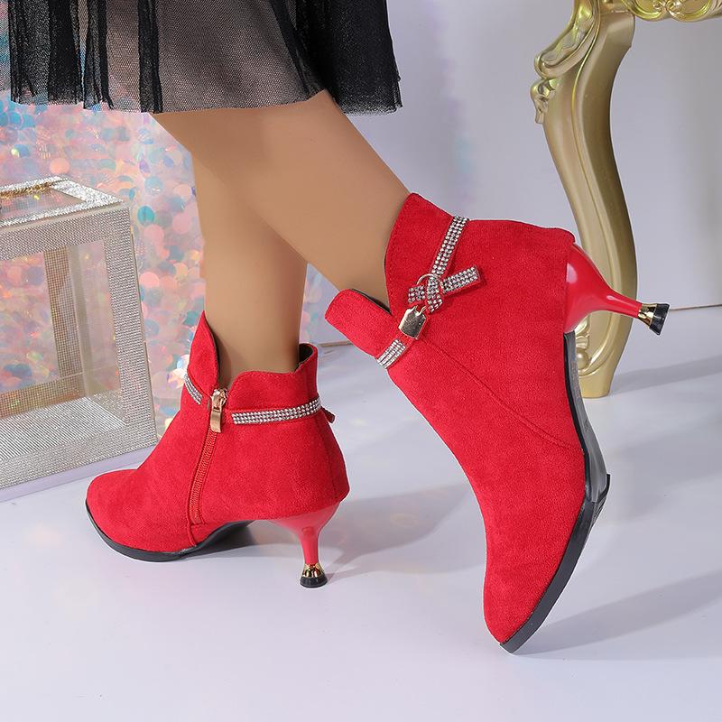 New thin-heeled mid-heeled pointed fleece boots and bare boots in autumn and winter, short tube, solid color high heel.