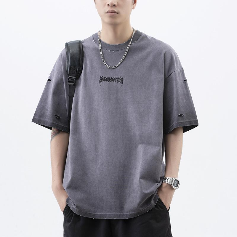 Summer American High-density Knitted Loose Printed Men's T-shirt Short-sleeved