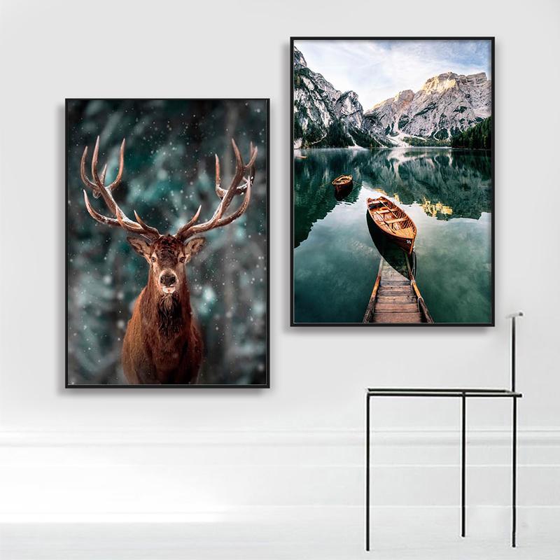 Nordic Poster Nature Landscape Canvas Painting Wall Art Mountain Lake Deer Print Decorative Pictures for Living Room Home Decor