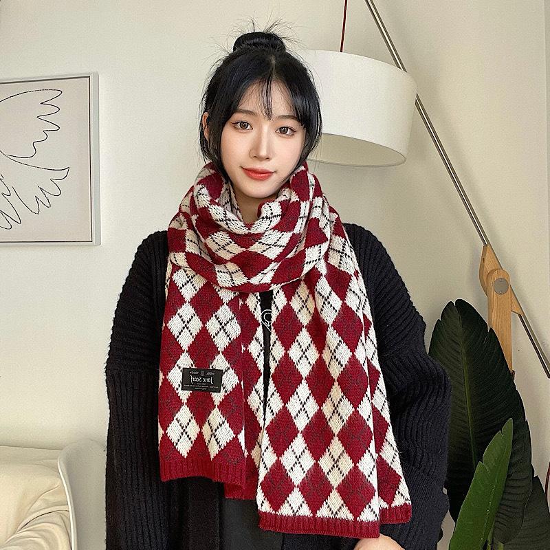 Japanese Rhombus Plaid Knitted Scarf Imitation Cashmere Scarf Square Plaid Thickened Warm Student Fashion Couple Scarf