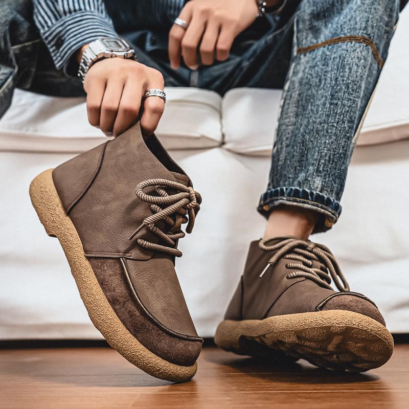 Ghete Retro Scurte pentru Bărbați Pantofi Modă Casual Pantofi de Condus Negru Maro Cap Lat Pantofi cu Top Înalt Mărimi Mari