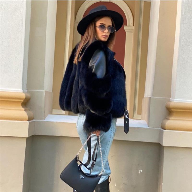 Winter Women's Faux Fur Jacket Belted Leather Patchwork Short Coat