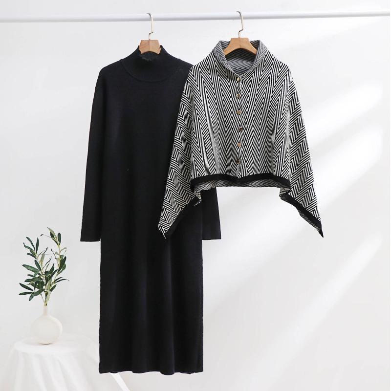 Completi da Donna 2 Pezzi Autunno Inverno Abito Maglione in Maglia Manica Lunga Collo Alto Abiti Ampi Sciarpa Poncho con Bottoni Set Lounge Tuta da Ginnastica per Donna