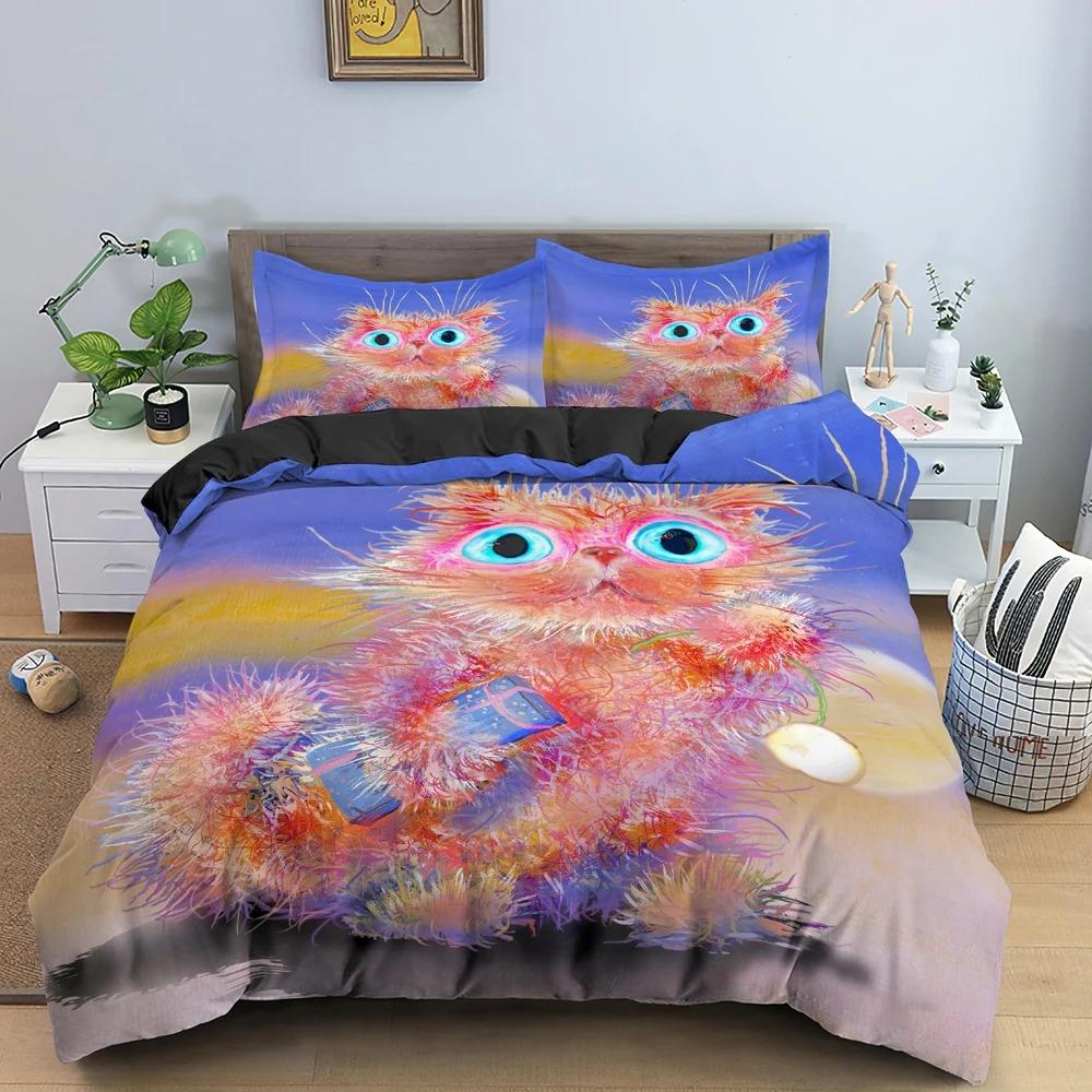 Watercolor Cartoon Cat Bedding Set Boys Girls Twin Queen Size Duvet Cover Pillowcase Bed Kids Adult Home Textileextile
