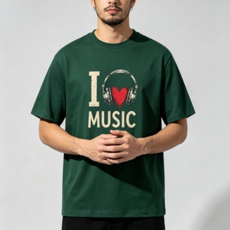 Retro Headphone Heart Graphic Tee For Unisex I Love Music Distressed Font 100 Cotton Soft Oneck Daily Casual Shirts