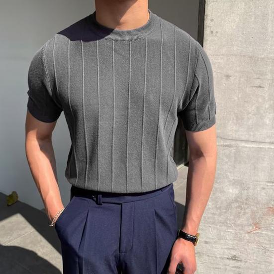 Men Summer T-shirt Round Neck Short Sleeves Solid Color Slim Fit Elastic Pullover Casual Mid Length Straight Men Fitness Sport Gym Top