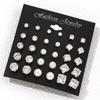15-Pair Retro & Geometric Stud Earring Set: Pearl & Six-Claw Cubic Zirconia