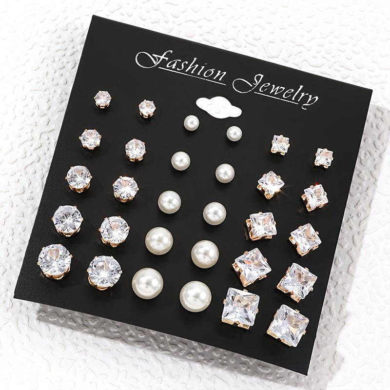 15-Pair Retro & Geometric Stud Earring Set: Pearl & Six-Claw Cubic Zirconia