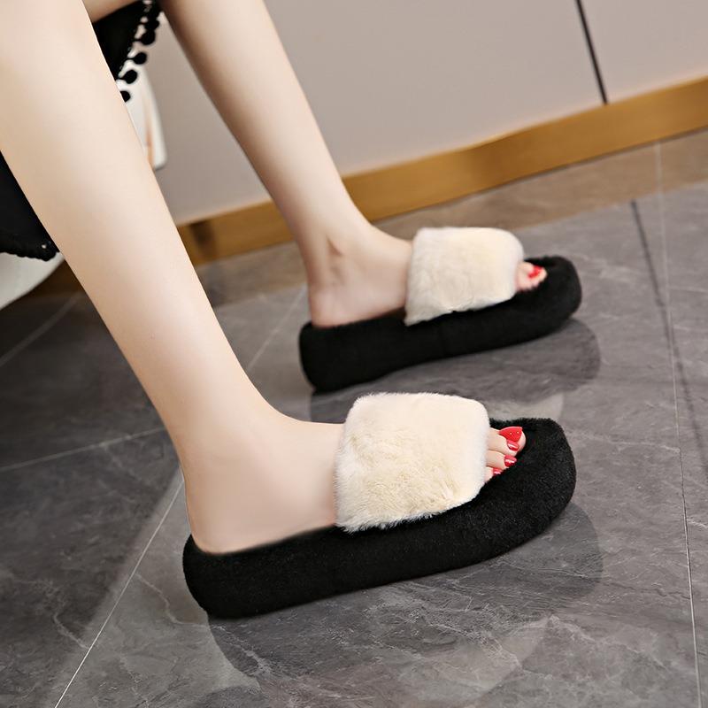 Thick-soled outer wear fluffy slippers women's autumn new one-word home plush slippers open-toed cotton slippers