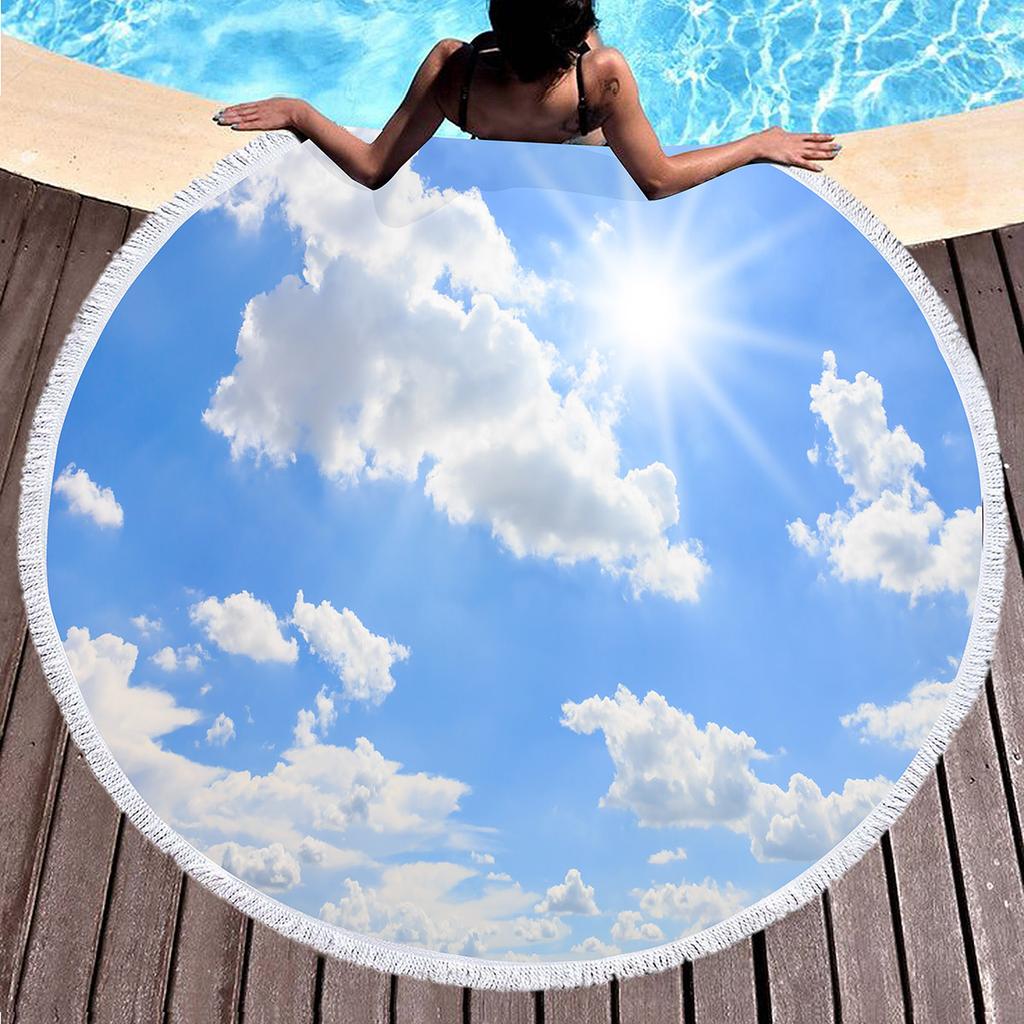 Sky Cloud Print Round Beach Towel, Microfiber Sand Free Quick Dry Circle Bath Towel Absorbent Tropical Meditation Rug Yoga Mat
