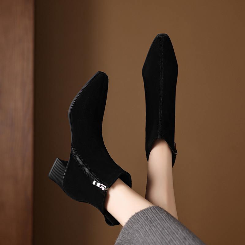 Krazing Pot Cow Suede Nubuck Winter Round Toe Chunky Heels Fashion Boots Women Zipper Retro Elegant Women Ankle Boots