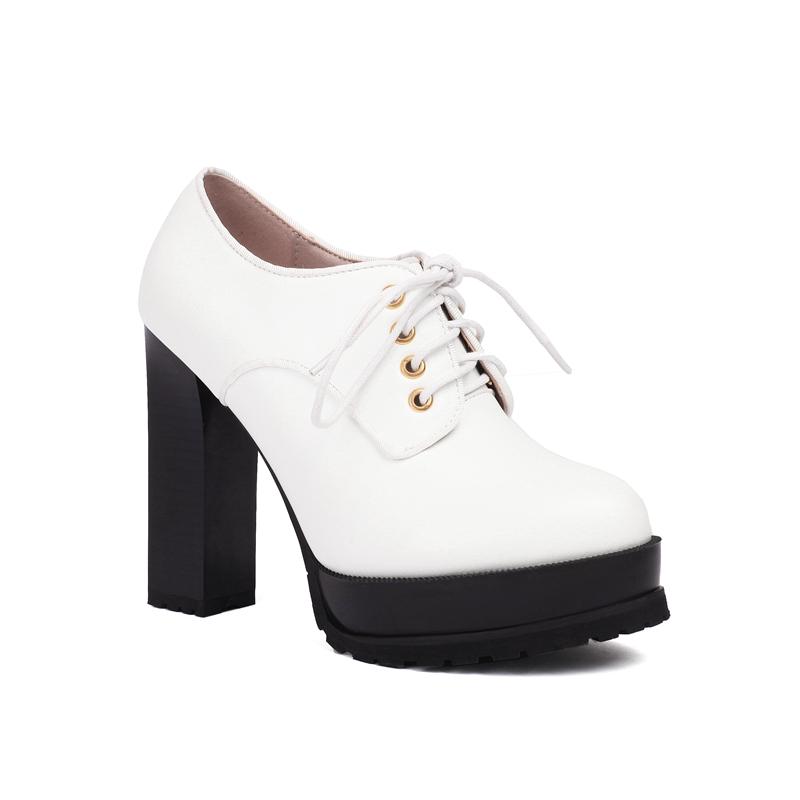Fashion Women's New Spring and Autumn Round Head Thick Sole Waterproof Platform Lace up High Heel Large Size Deep Mouth Single Shoes