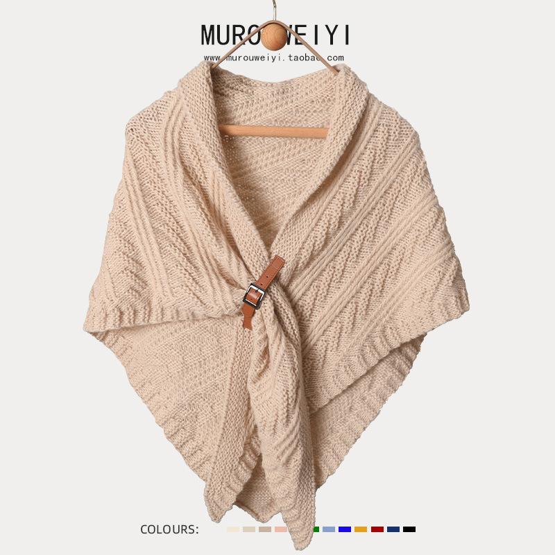 Women S Knitted Triangular Scarf With Buckle Dual Use As Shawl And Neck Warmer