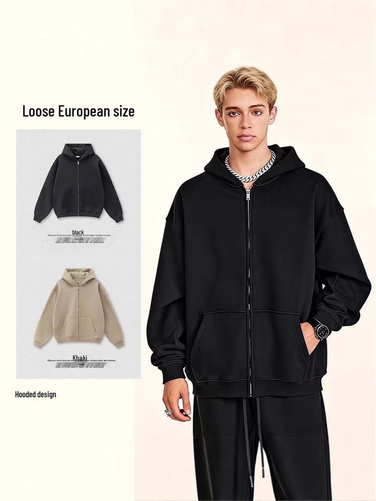 Heavyweight Hooded Sweatshirt: 420g Double Zipper Cotton Cardigan for Men & Women - Loose, Casual, American Style, Ideal for Spring & Autumn.