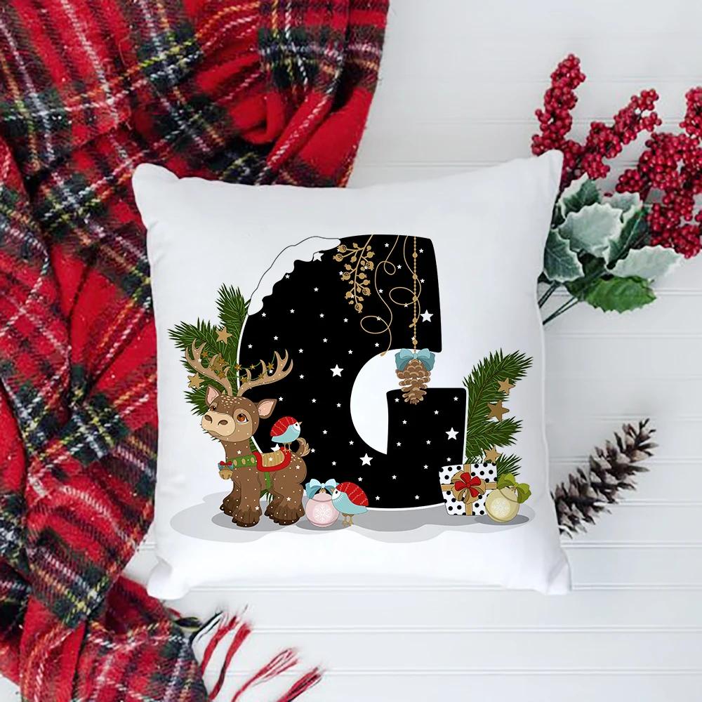 Christmas Cushion Cover Alphabet A-Z Pillow Covers Cute Cartoon Santa Claus Cushion Cover Pillowcases Home Xmas Decoration