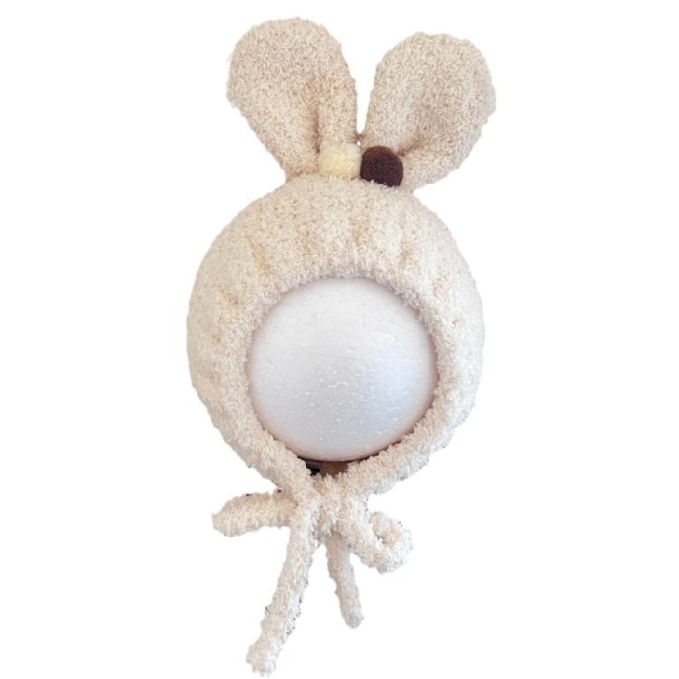 Baby Beanies with Tie Warm Lining Furry Pompoms Rabbit Ears Hat Adjustable Size Plush Hat Lovely Photo Props