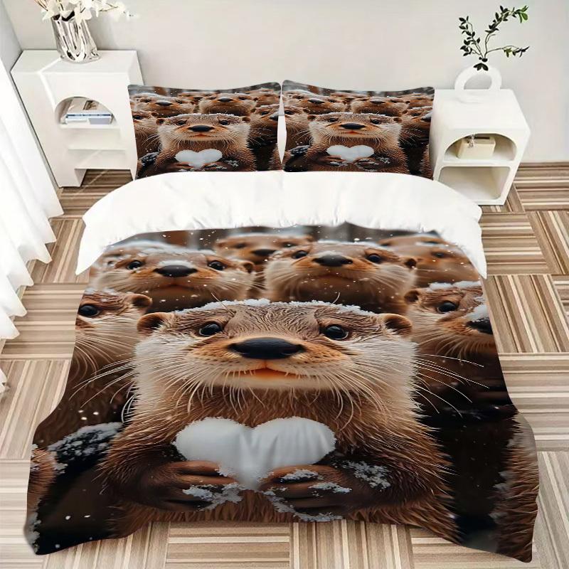3-teiliges Anime-Otter-Herz-Schneeflocken-Bettwäscheset - Enthält eine Bettbezug und zwei Kissenbezüge (Kein Kern) - Polyesterstoff, Perfekt für Schlafzimmer