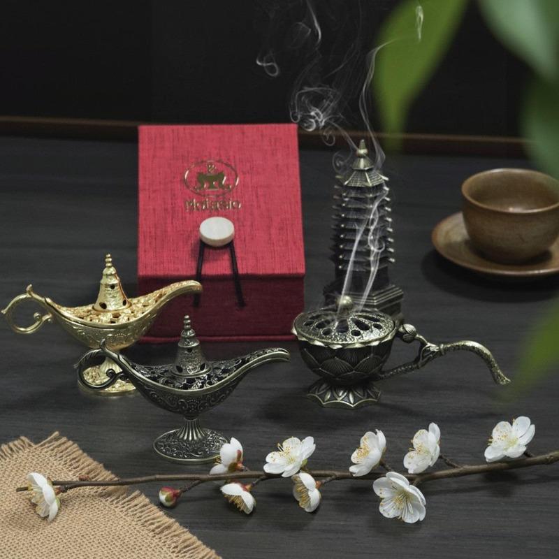 Mini Metal Incense Burner Set Retro Ornate Pagoda Fu Pouch Lotus Styles Traditional Carved Desktop Decor for Home with Gift Box 7