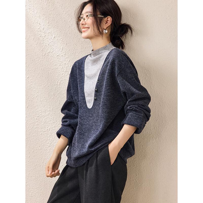 Women s Faux Two-Piece Patchwork Loose Fit Sweatshirt M