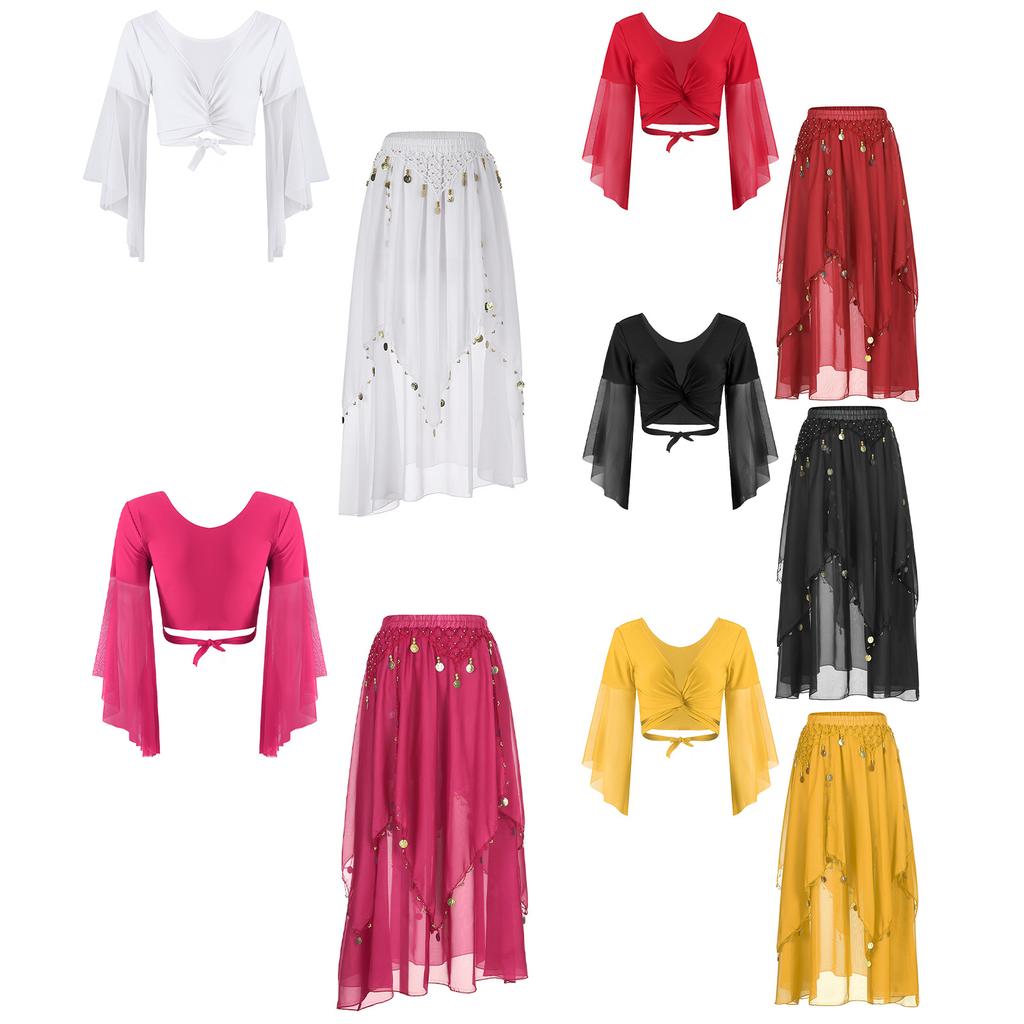 Damen Bauchtanz Kostüm V-Ausschnitt Schnürung 3/4 Tüll Glockenärmel Crop Top Pailletten Perlen Chiffon Rock