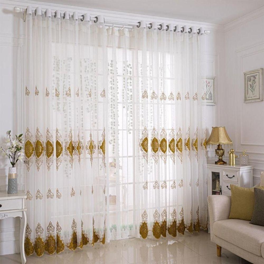 

1шт вышитые шторы люверсы оконные шторы высококачественные вуалевые шторы для гостиной спальни 52*84inch золотой