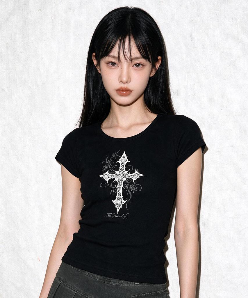 THE GREEN LAB Cross Boat Neck Slim Short Sleeve Tee [Light Pink]