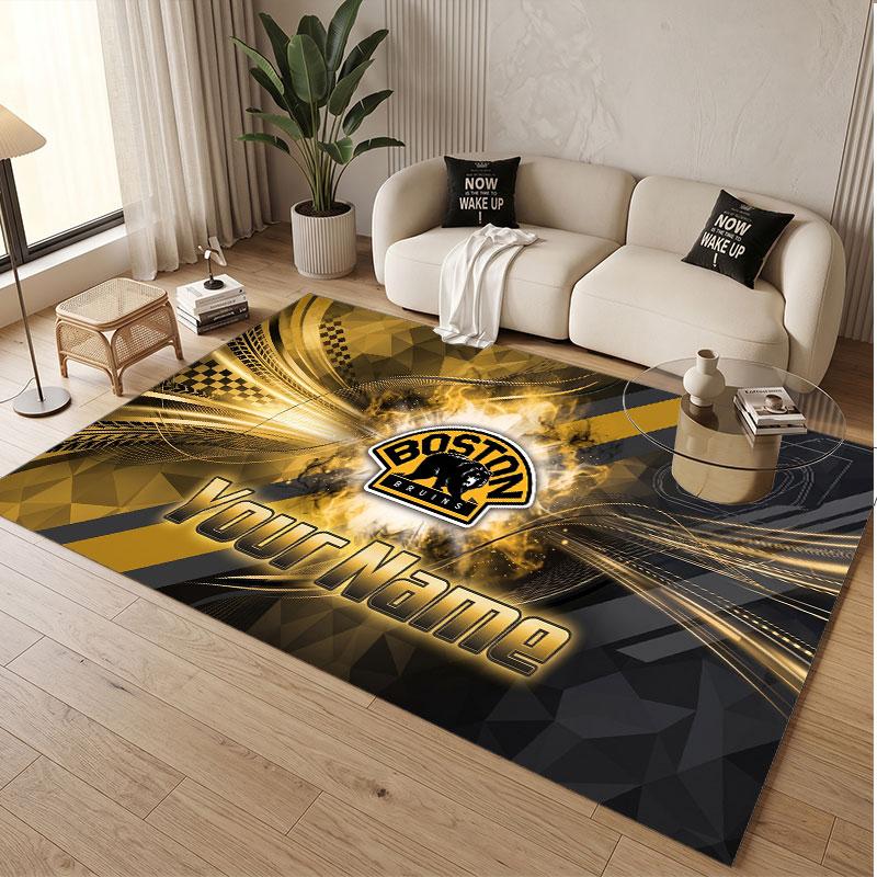 Custom Rug Boston Bruins Pattern Print Name Text Soft Non‑Slip Floor Carpet for Home Indoor Decoration