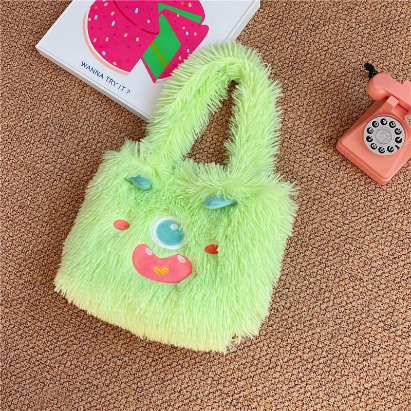 Cute Cartoon Monster Plush Tote Bag With Zipper Closure For Daily Use Student Girls