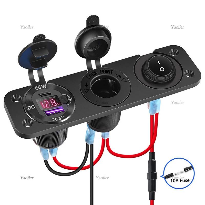 

NEW 12V QC3.0 USB Fast Charger Socket 65W Type-C PD Port Panel Cigarette Lighter with Voltmeter Switch for Car Motorcycle Boat