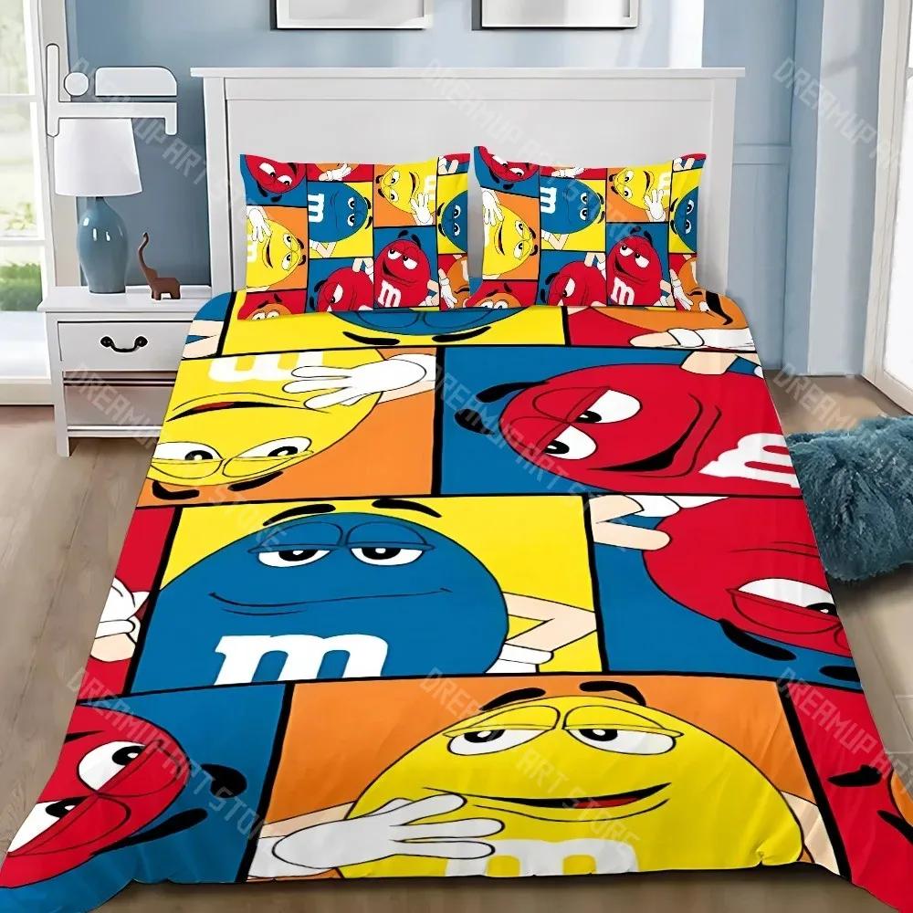Fashion M&M Chocolate Logo Duvet Cover Pillowcase Bedding Set Boys Girls Bedroom Decoration Children Gift Single Double Size