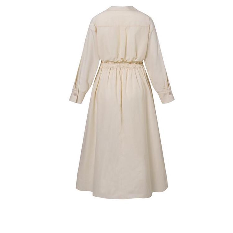 Chic Commute Cotton-Linen Swing Dress with Turn-Down/Polo Collar & Elastic Waist