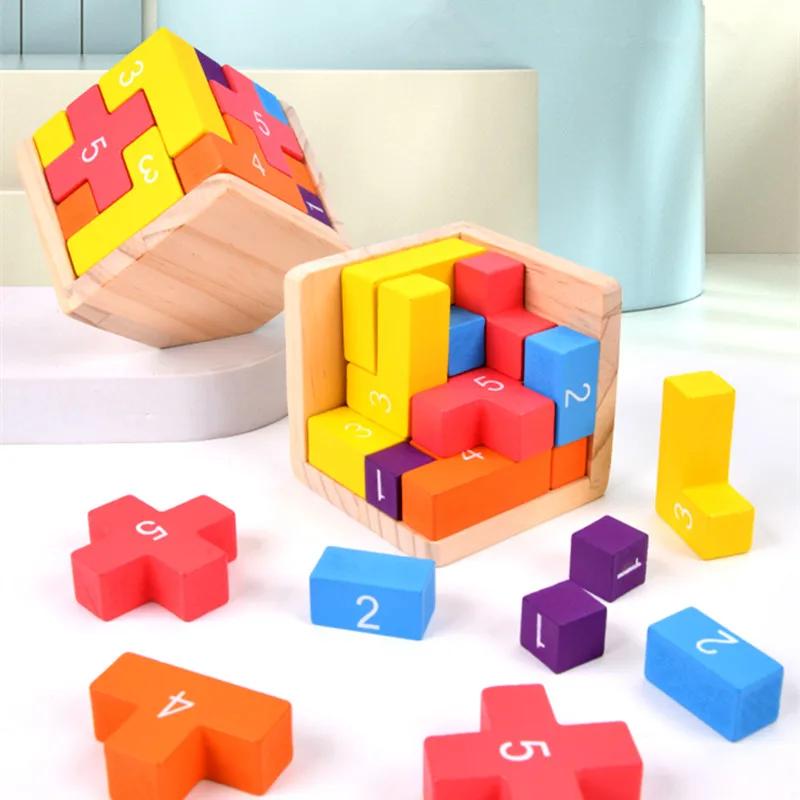 Bunte Holzbausteine Puzzles, Klassischer Luban Lock Würfel 3D Puzzle Spielzeuge, Intellektuelles Spiel für Kinder und Erwachsene