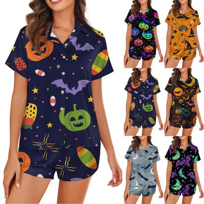 Women's Ice Silk Pajamas Button Home Clothes Halloween Printed Short Sleeve Satin Pajama Set
