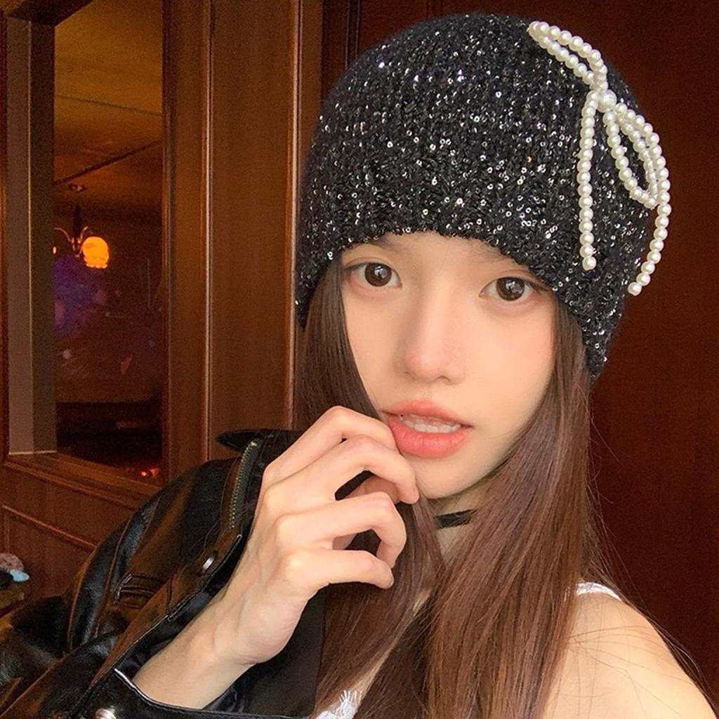 Pearl Bows Knitted Hat Elegant Ladies Hat Comfortable Soft Hat Shiny Glitter Hat for Men and Women