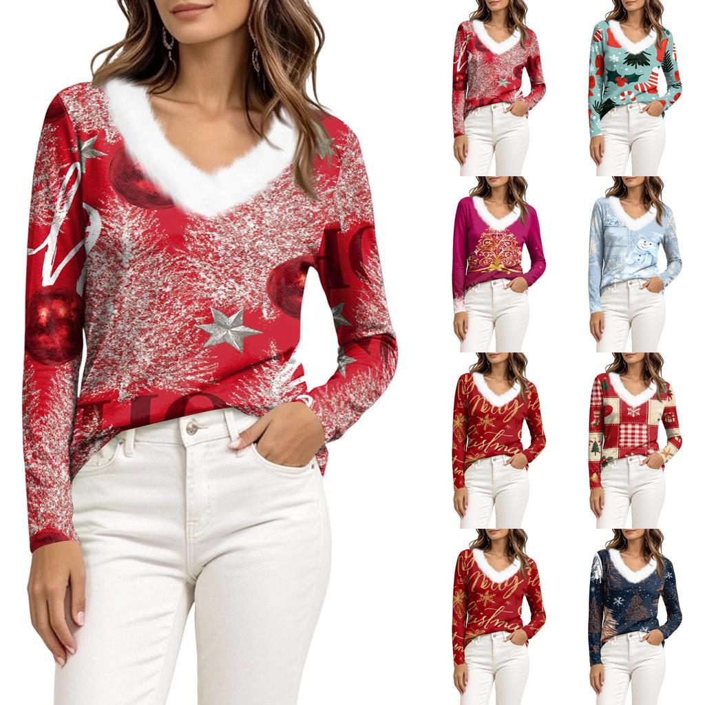 Women's Christmas Long Sleeve Top with Snowflake and Christmas Tree Print, Collar and V-Neck