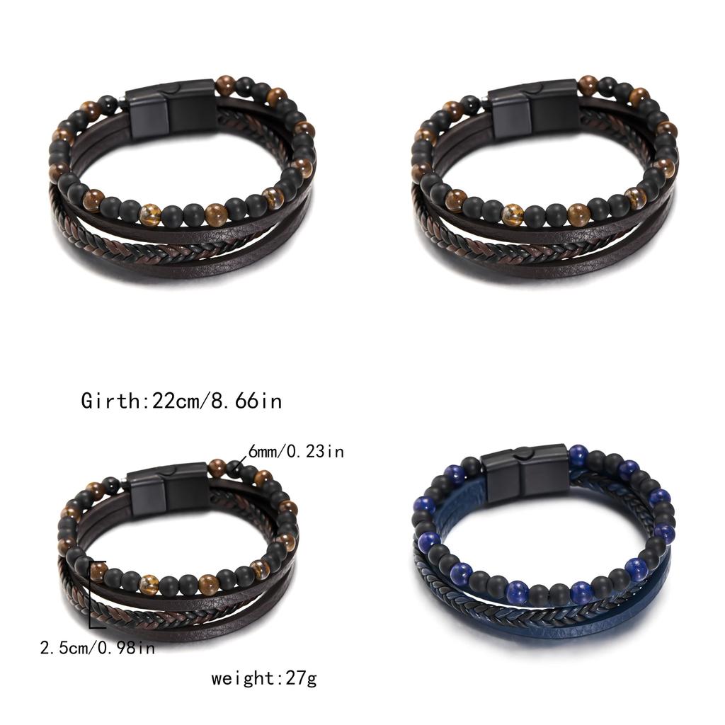 Geometric Style Mens Weaving Leather Wristband With Bead Design For Fashion And Travel