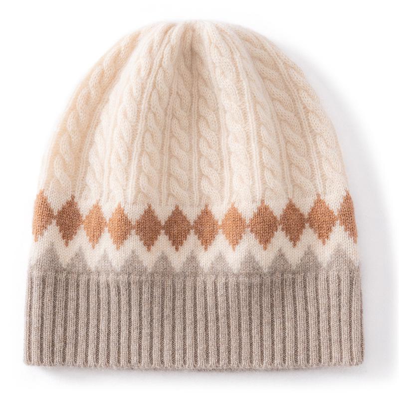 Women's 100% Pure Cashmere Color Block Knitted Hat with Ear Protection - New Fashion, Warm & Cozy