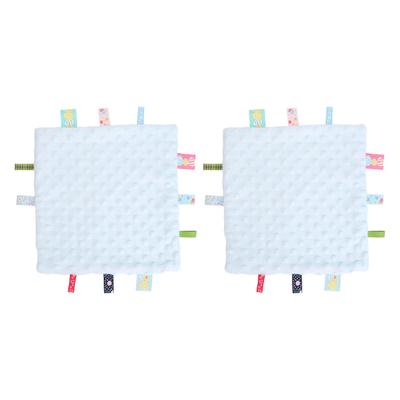 2pcs Baby Tags Security Blanket Pure Cotton 3D Particle Sensory Development Baby Comfort Blanket with Colorful Tags Blue