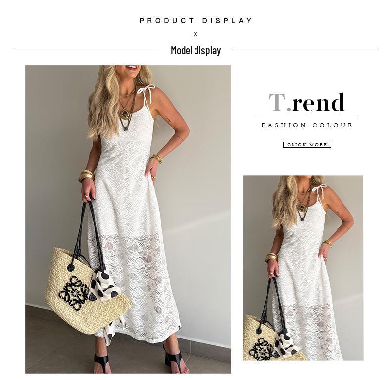 European and American Strappy Lace See-through Square Neck Slimming Long Dress for Spring and Summer.