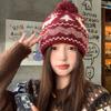 Red Deer Fur Ball Knitted Woolen Hat for Women New Autumn and Winter Face Showing Small Warm and Cold Proof Ear Protection Hat