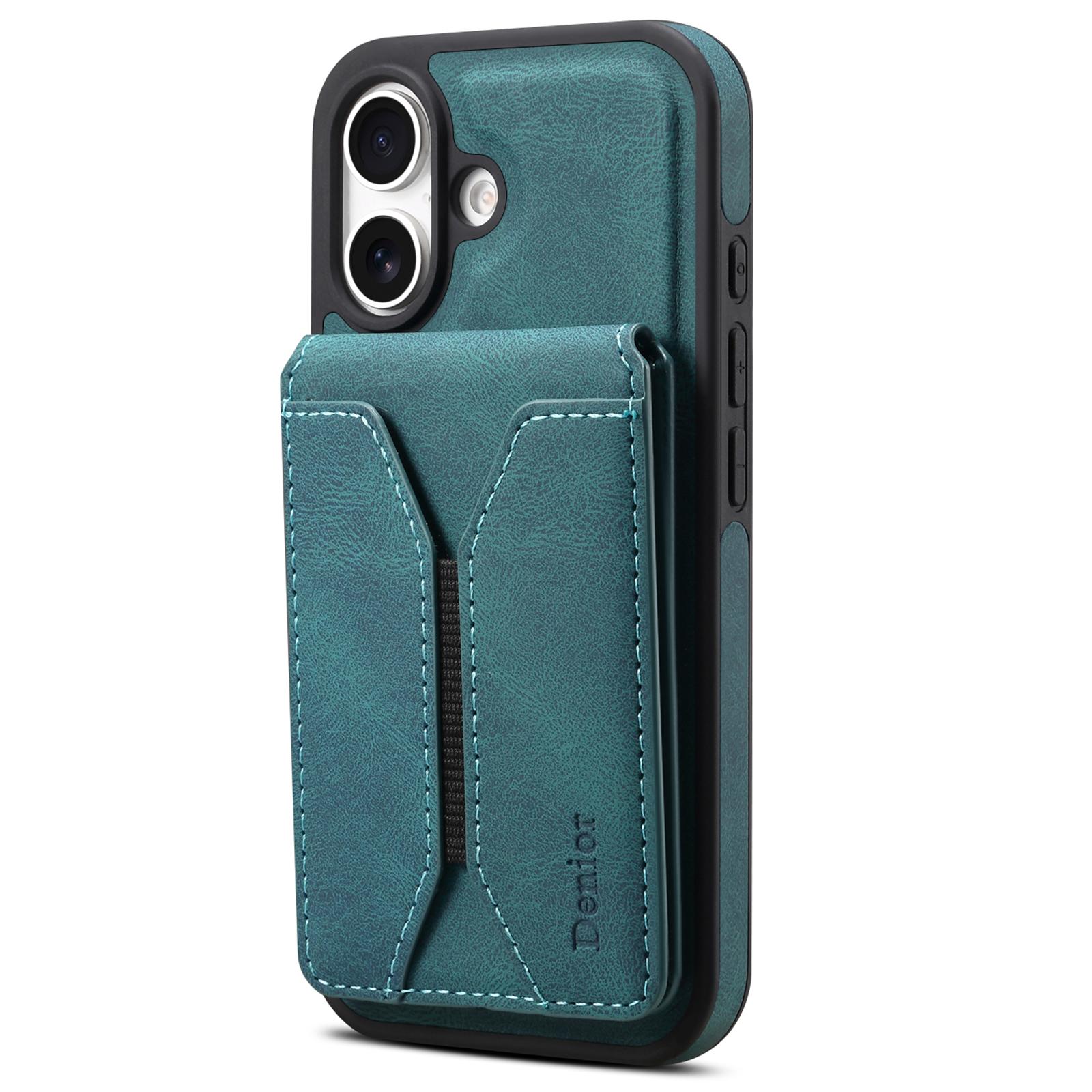 

DENIOR D18 For iPhone 16 Case Ring Kickstand Leather+PC+TPU Phone Cover Card Holder Blue