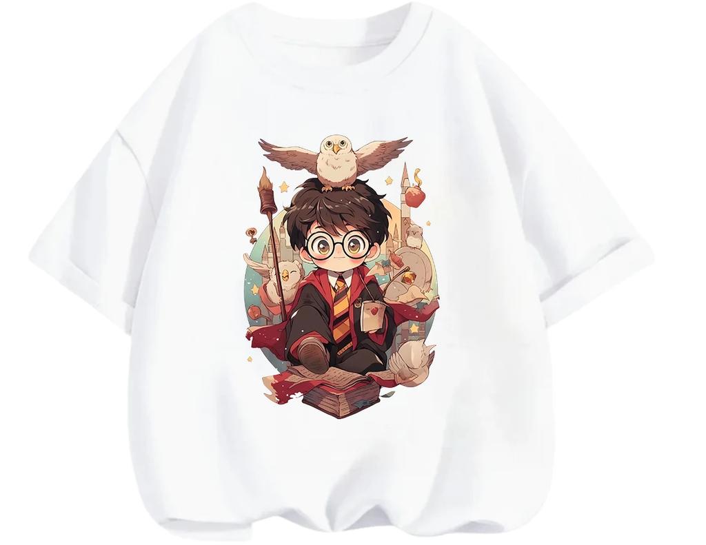 Trendy Cartoon Harry Potter Pattern Tee Summer Casual Crew Neck Children Daily Wearing Apparel