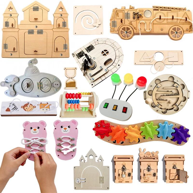 DIY Montessori Busy Board Wooden Accessories Strawberries Car Tie shoelaces Board Castle Early Educational Toy For Childre Gift