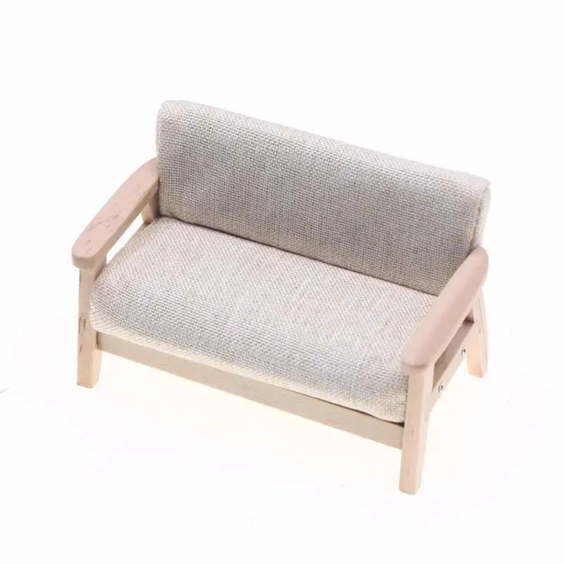 Dollhouse Miniature Wooden Double Sofa Model Mini Simulation Living Room Chair Kids Pretend Play Doll House Decor Furniture-Toy