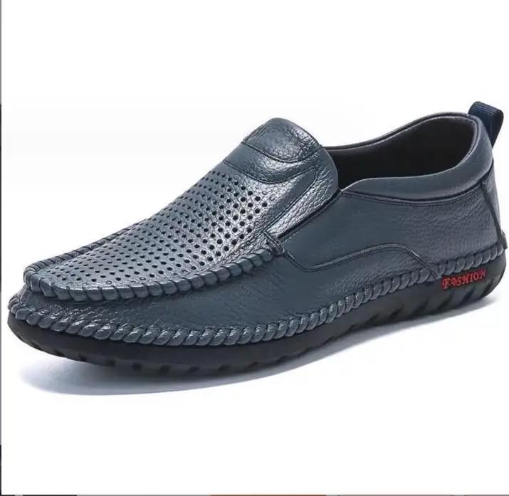 Men's Breathable Genuine Leather Summer Slip-On Loafers, Casual Blue Flats Driving Moccasins Shoes