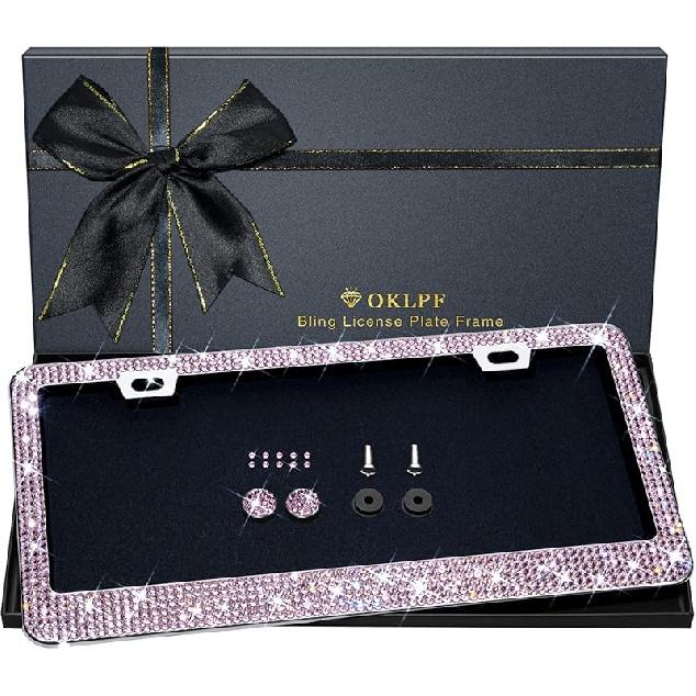 Bling License Plate Frame for Women, 1PCS Sparkly License Plate Frames| Over 1200 Pcs 14 Facets Bedazzled Clear Glass Diamond Rhinestone Crystals
