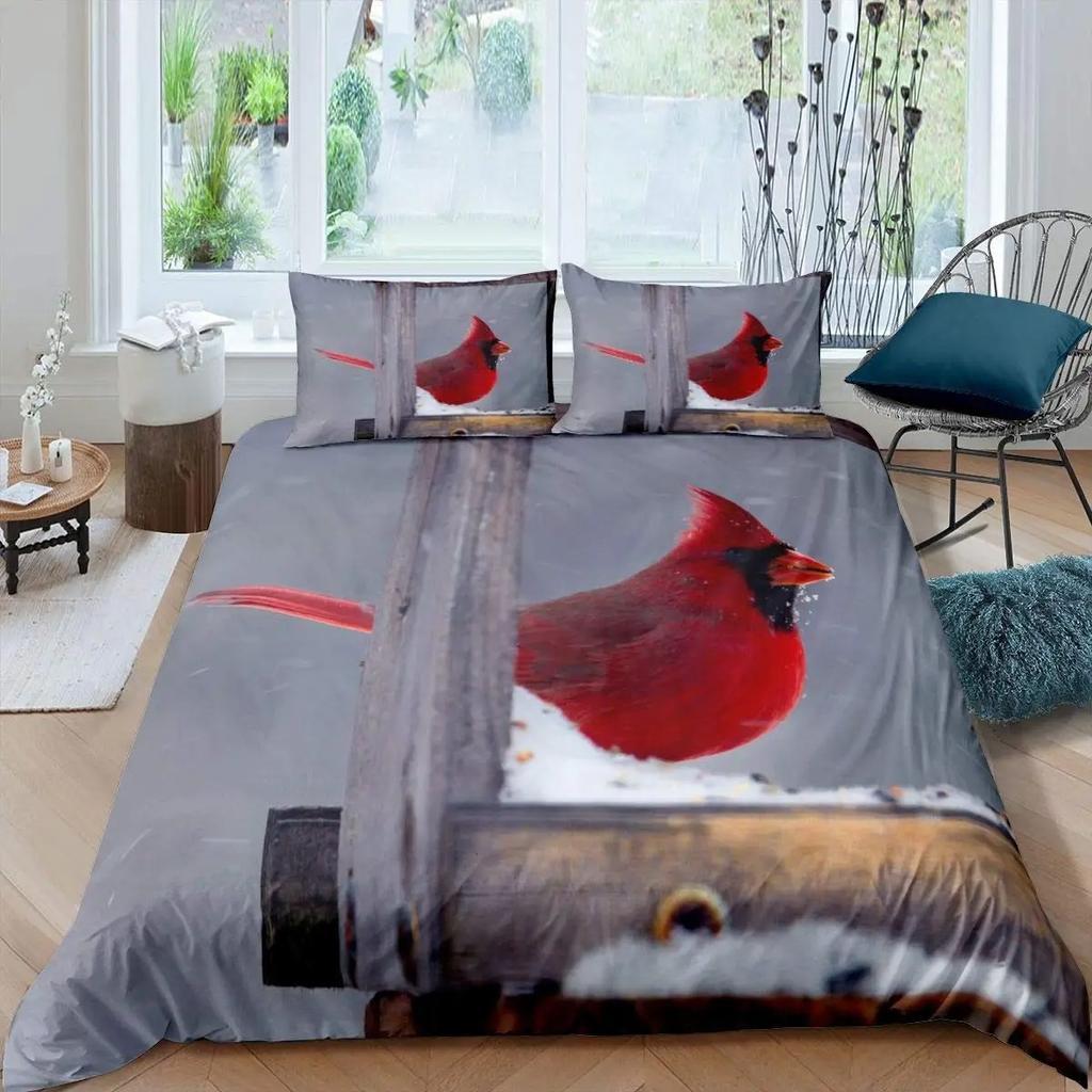 Ložní souprava Red Cardinals King Queen Size Akvarelové šišky Přikrývka Roztomilí ptáčci Povlak na přikrývku Romantická láska Povlak na prošívanou deku