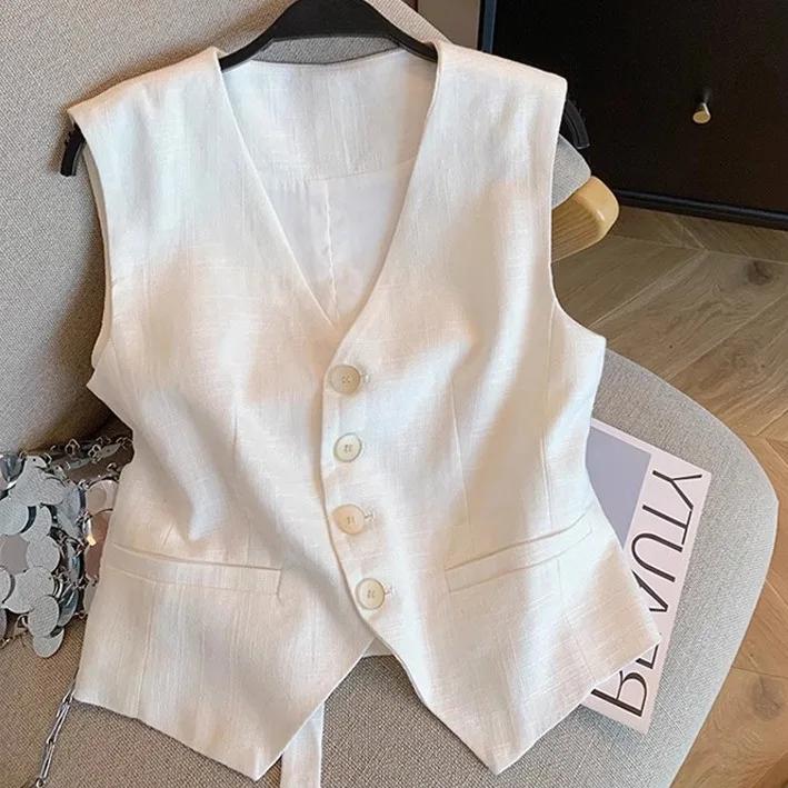 Французский белый льняной жилет с V-образным вырезом Женский летний новый модный высококачественный без рукавов костюмный шикарный подчеркивающий талию темперамент S белый