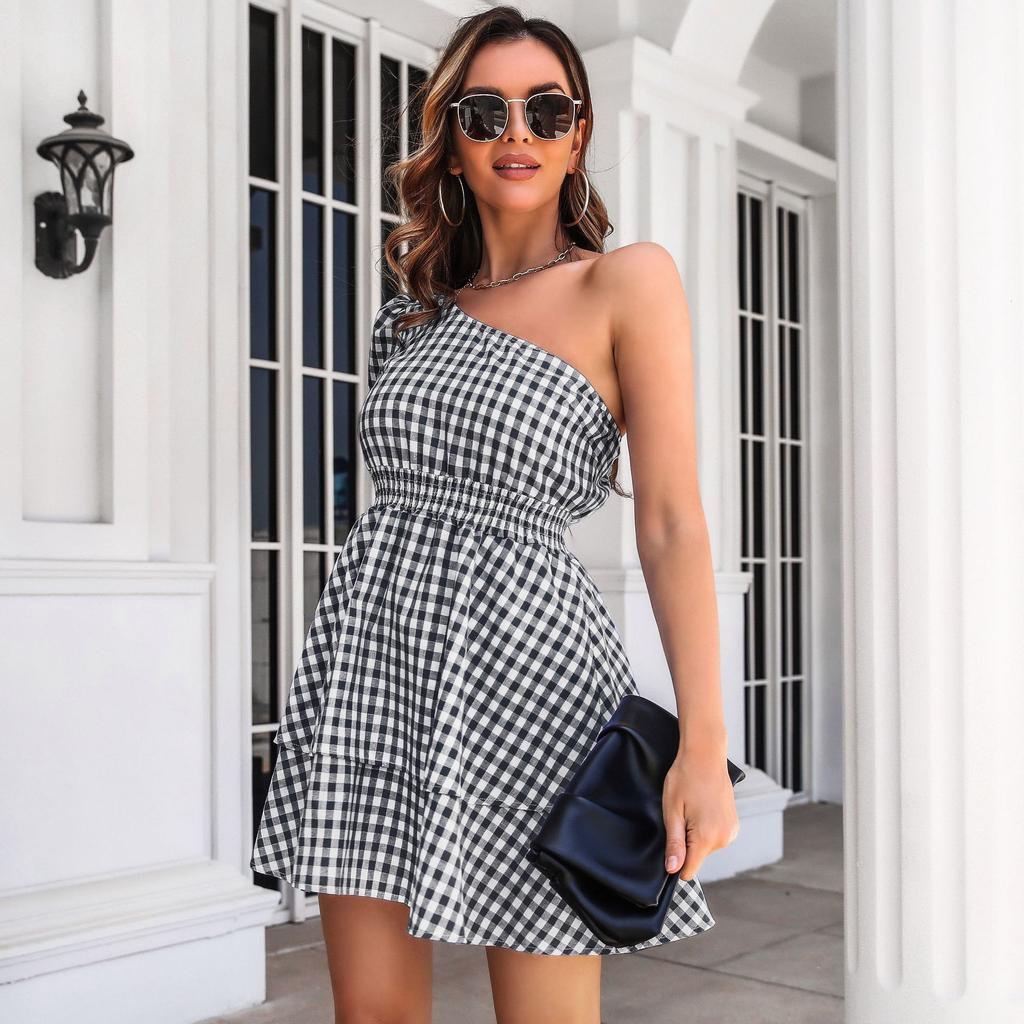 GMXIA Women's Fashion Summer Spring Plaid Print  High Waist Casual Dresses