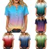 Women’s Fashion Printed Henley Button Neck Short Sleeve Cotton Linen Shirt with Chest Pocket Gradient Design Loose Fit Top